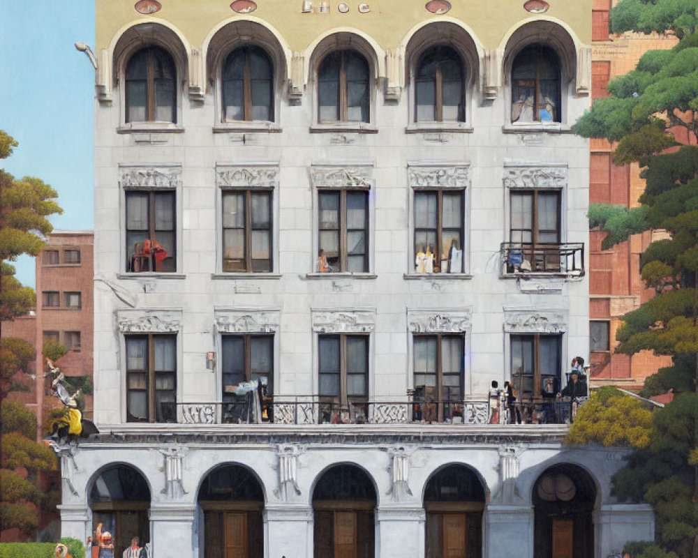 Detailed painting of classical building facade with people on balconies and vibrant street scene.