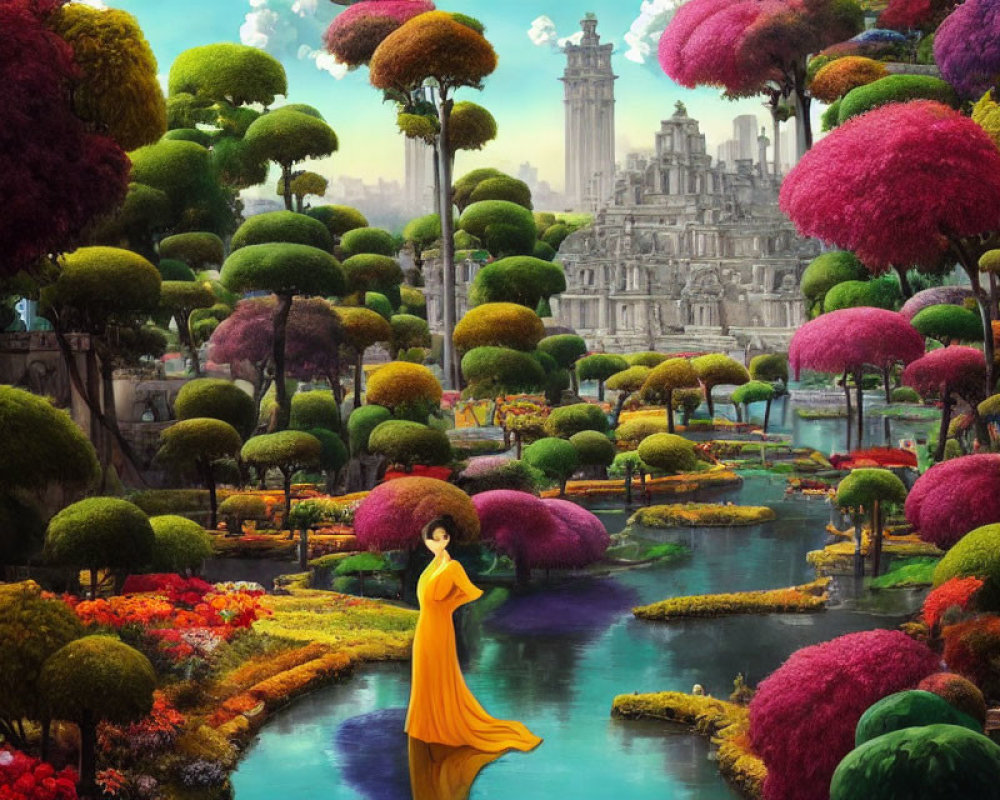 Woman in yellow dress surrounded by vibrant topiary gardens and fantastical architecture.