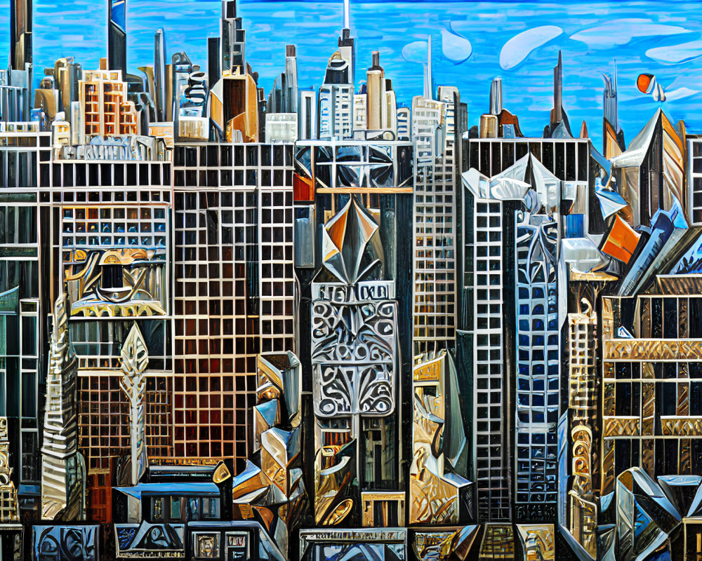 Abstract urban skyline painting with colorful, geometric skyscrapers under a blue sky.