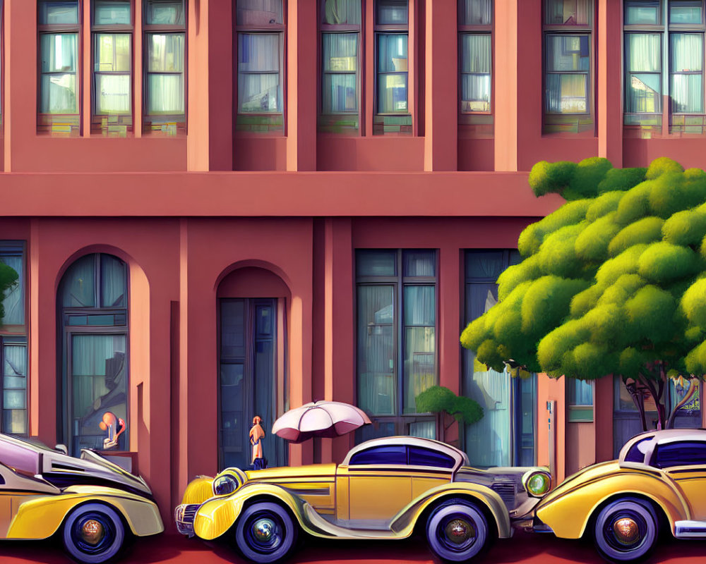 Vintage street scene with classic cars, person with umbrella, and stylized buildings.