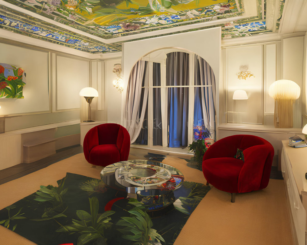 Tropical-themed elegant room with red armchairs, glass coffee table, art, green rug,