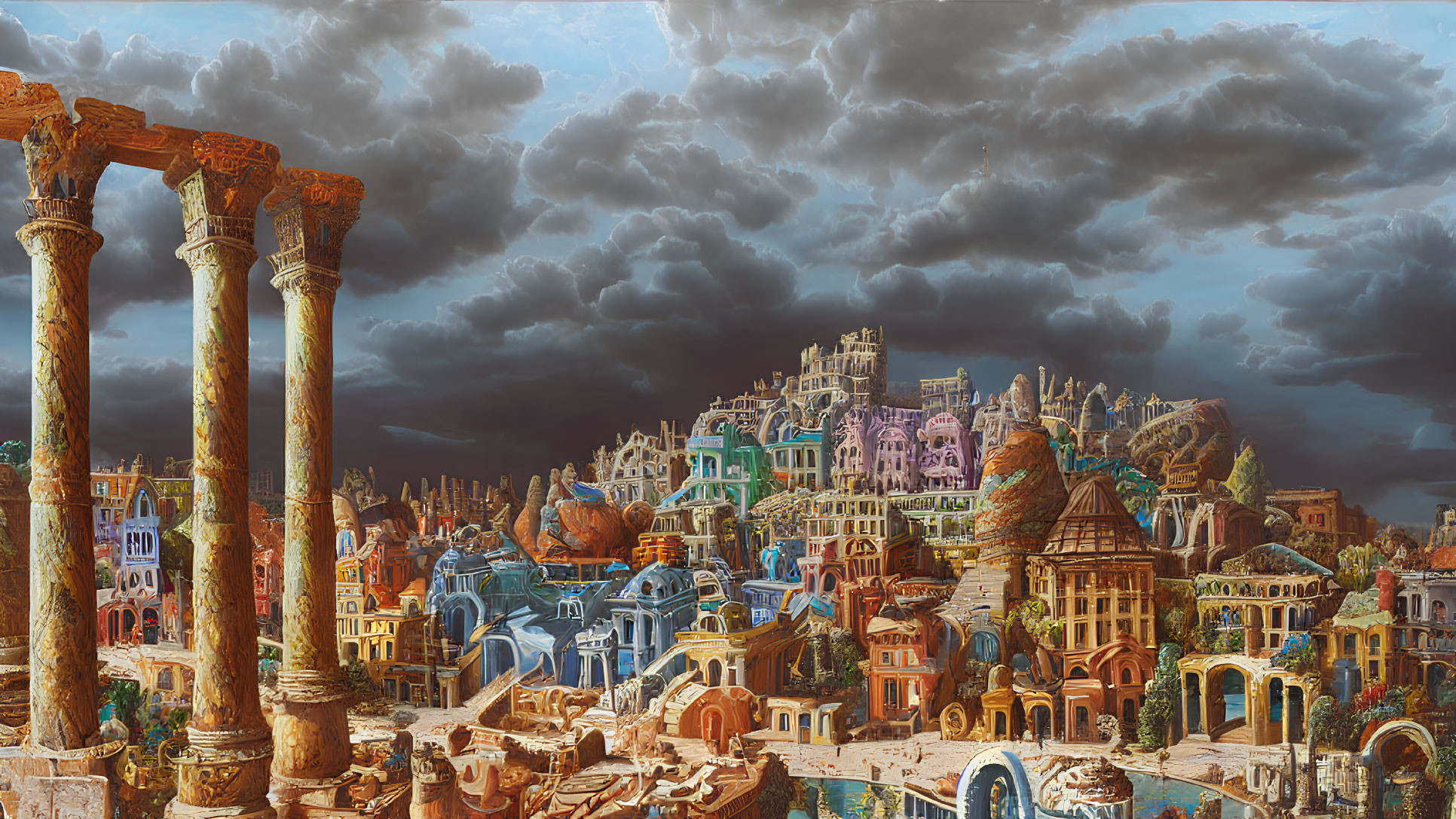 Fantastical cityscape with ancient ruins and dramatic sky