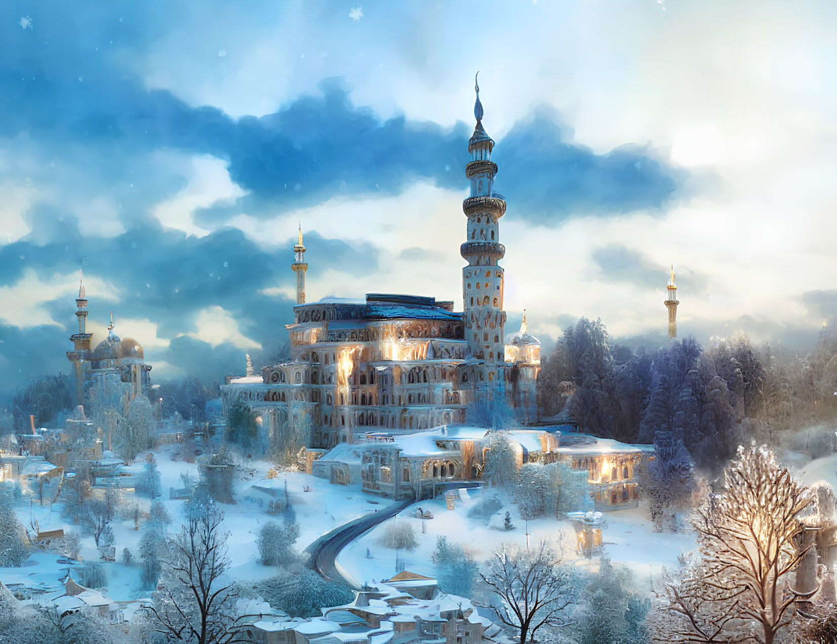 Whimsical tower with spires in snowy twilight landscape