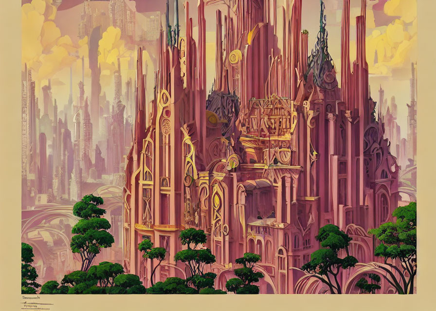 Intricate Pink Fantasy Castle with Green Trees and Futuristic City Spires