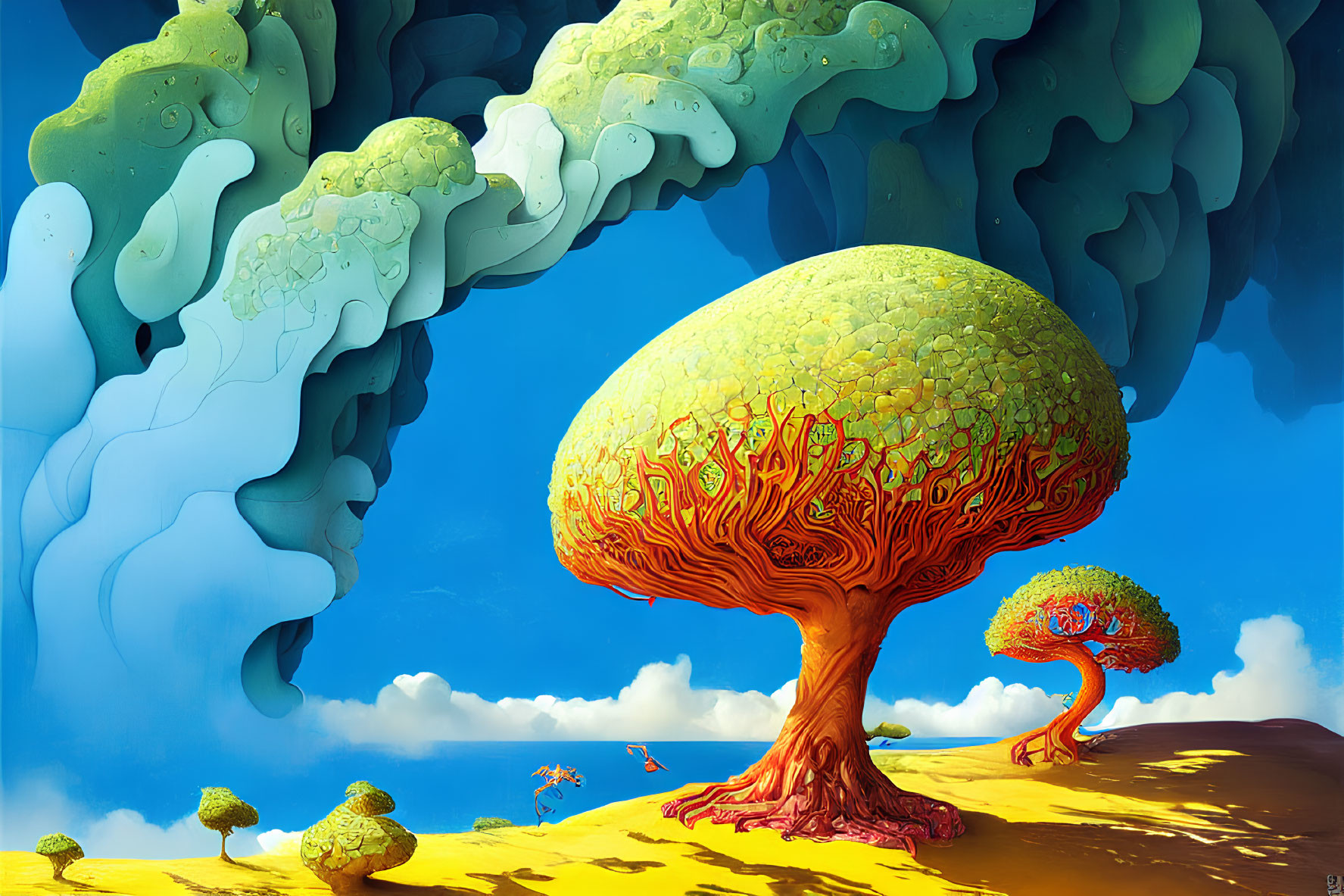 Colorful surreal landscape with tree-like entity and vibrant formations