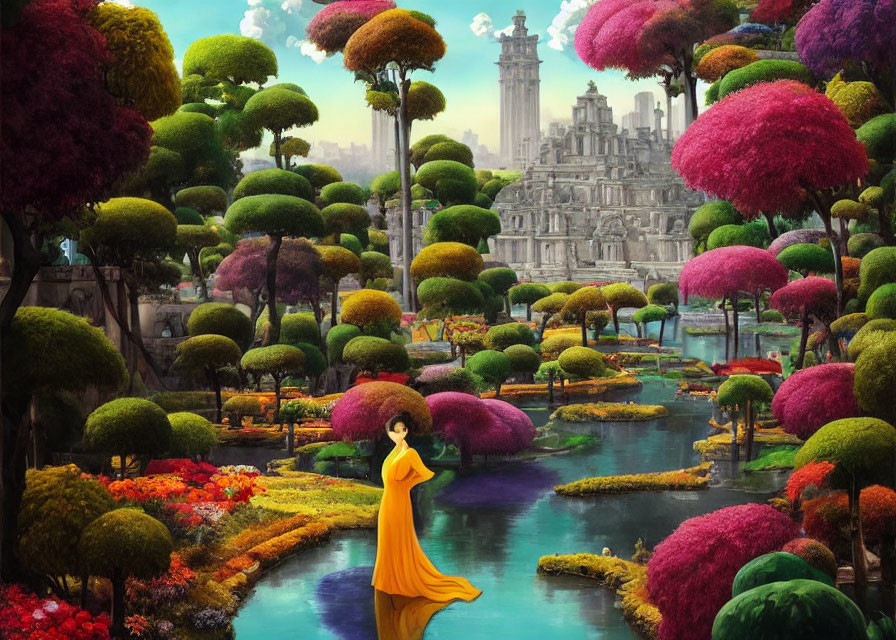Woman in yellow dress surrounded by vibrant topiary gardens and fantastical architecture.