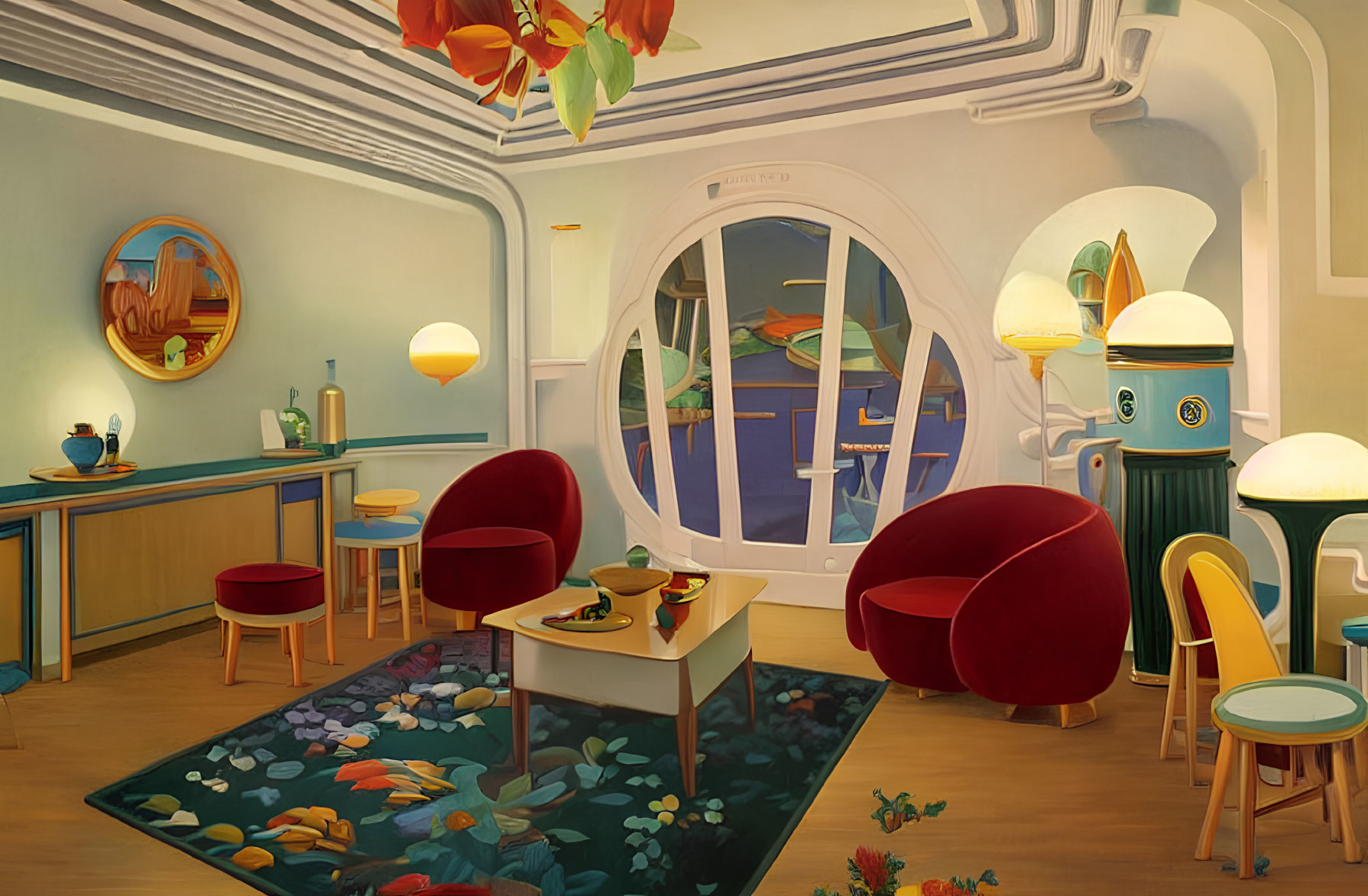 Underwater-themed room with round windows, red armchairs, unique lamps, and aquatic decor