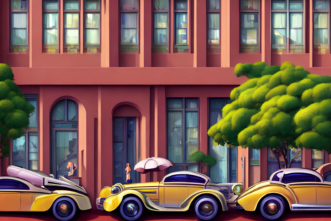 Vintage street scene with classic cars, person with umbrella, and stylized buildings.