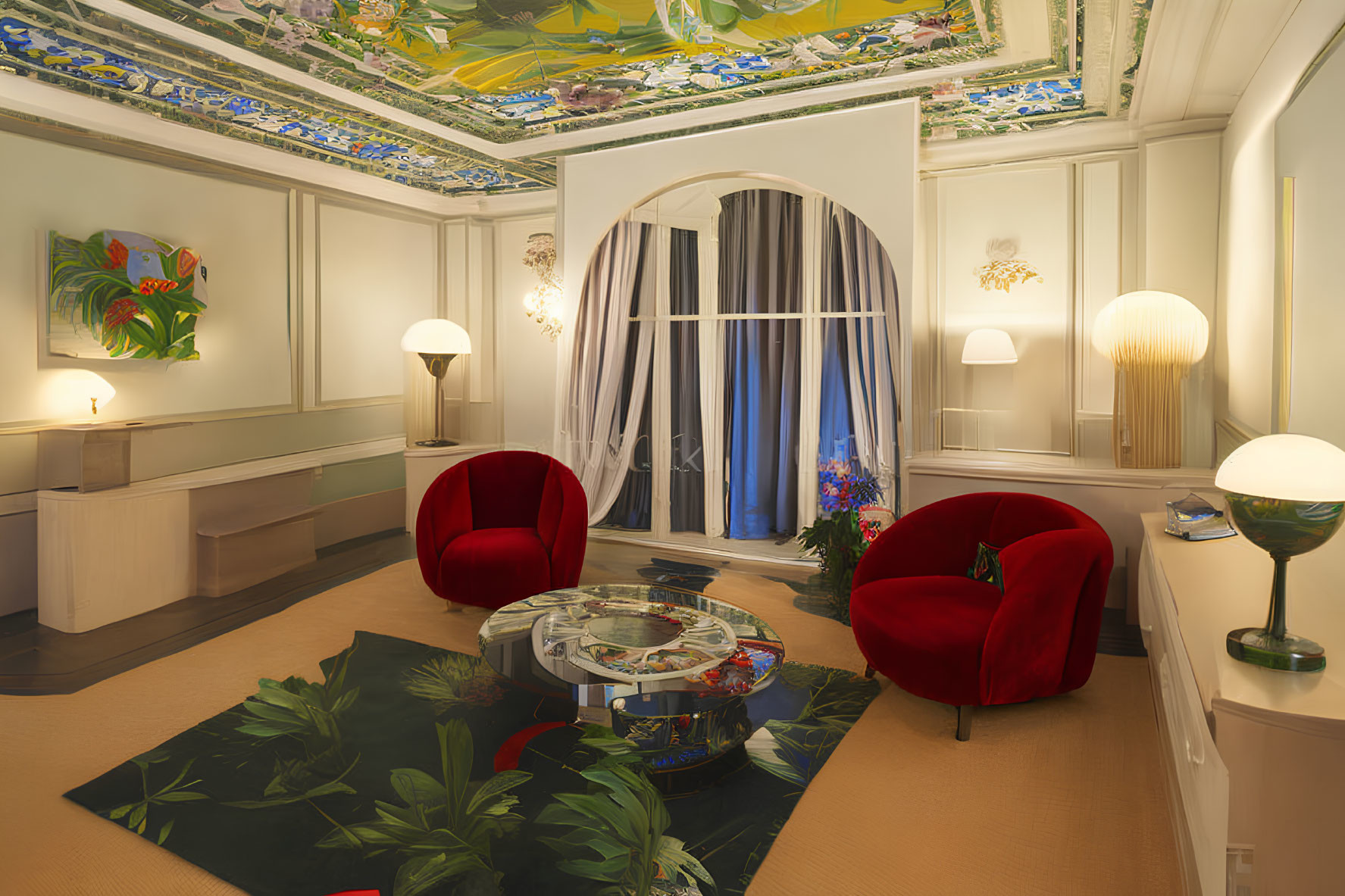 Tropical-themed elegant room with red armchairs, glass coffee table, art, green rug,