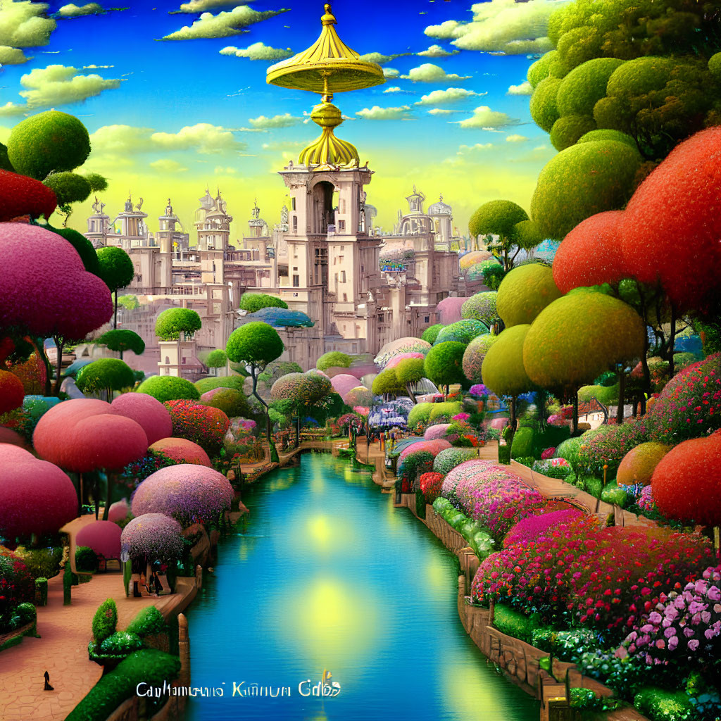 Fantastical landscape with palace, colorful trees, river, and flowers