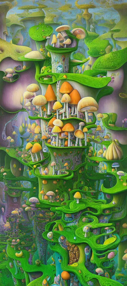 Colorful Psychedelic Artwork of Mushroom-Filled Landscape