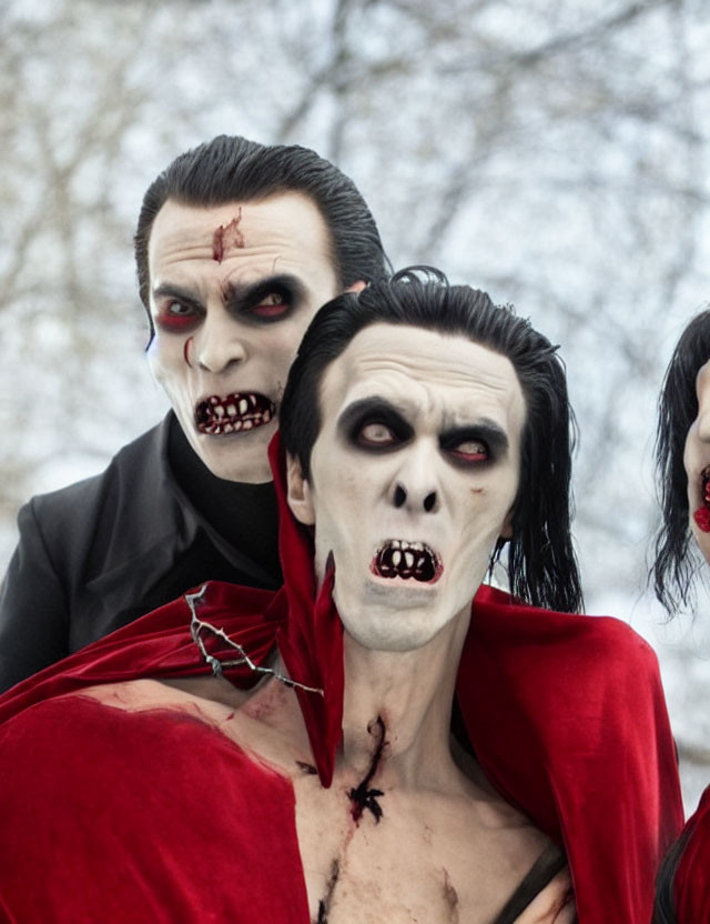 Three individuals in vampire costumes with pale makeup and fangs standing against blurred background