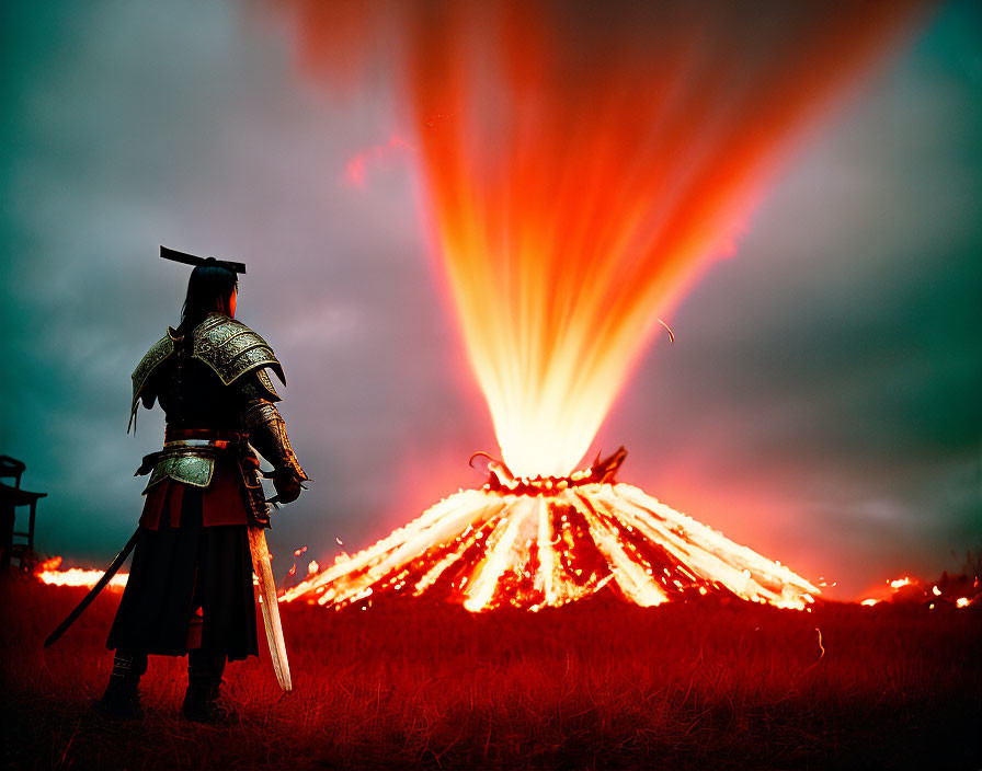 Samurai in traditional armor gazes at volcanic eruption at dusk