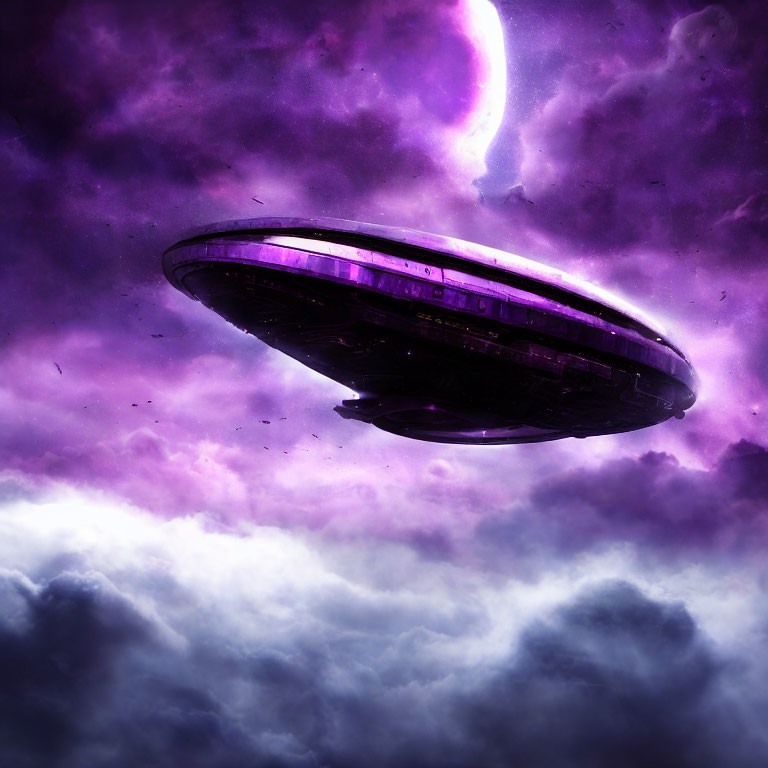 Futuristic UFO under stormy purple sky with celestial bodies - Science Fiction Scene