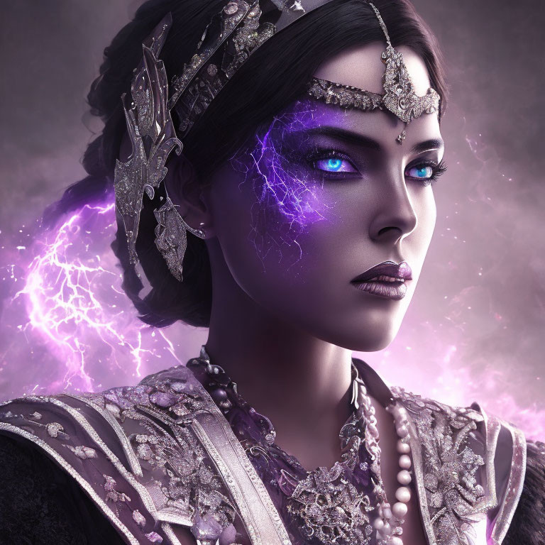 Digital artwork: Woman with violet eyes in silver jewelry amid swirling purple lightning