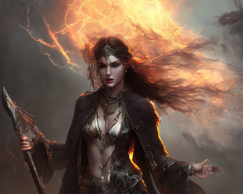 Fantasy female warrior with spear and jewelry in stormy setting