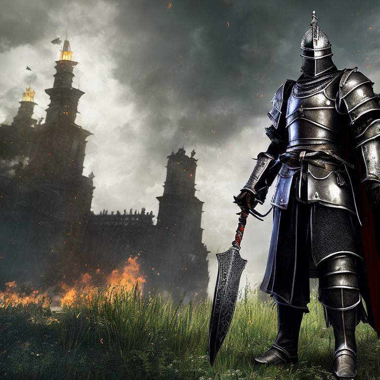 Armored knight with sword and shield in front of burning castle