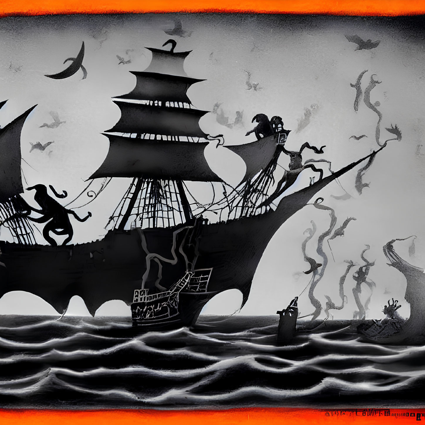 Monochrome ghostly pirate ship on turbulent seas with silhouetted figures and ominous birds.