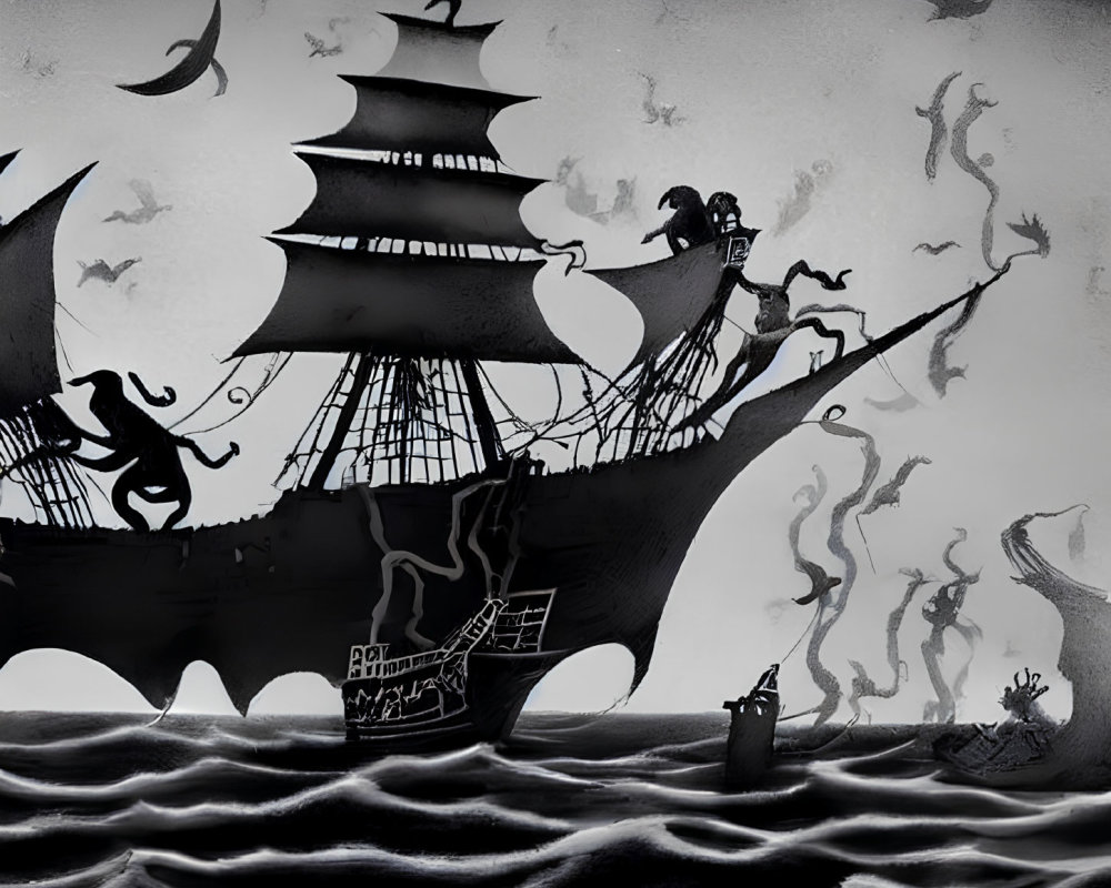 Monochrome ghostly pirate ship on turbulent seas with silhouetted figures and ominous birds.