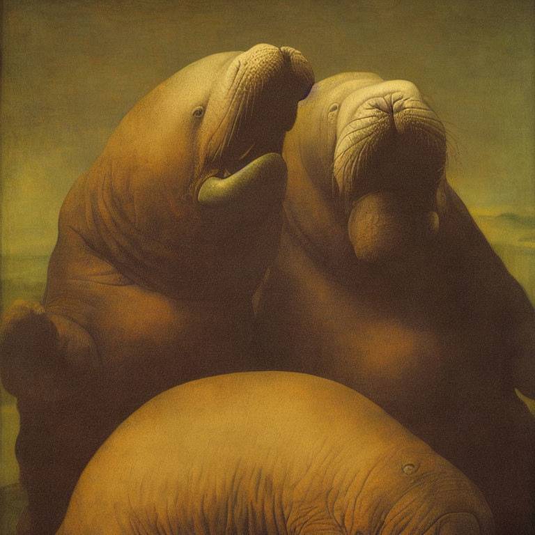 Walruses with humanoid features embrace in sepia-toned setting