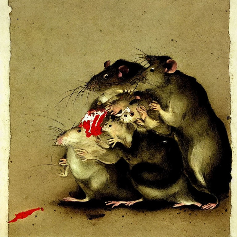 Four rats in illustration, one with bleeding head injury, others concerned or frightened