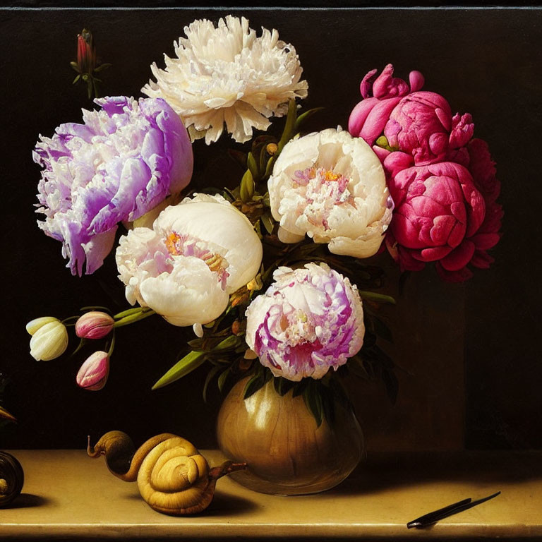 Vase with Peonies, Shell, and Snail on Dark Background