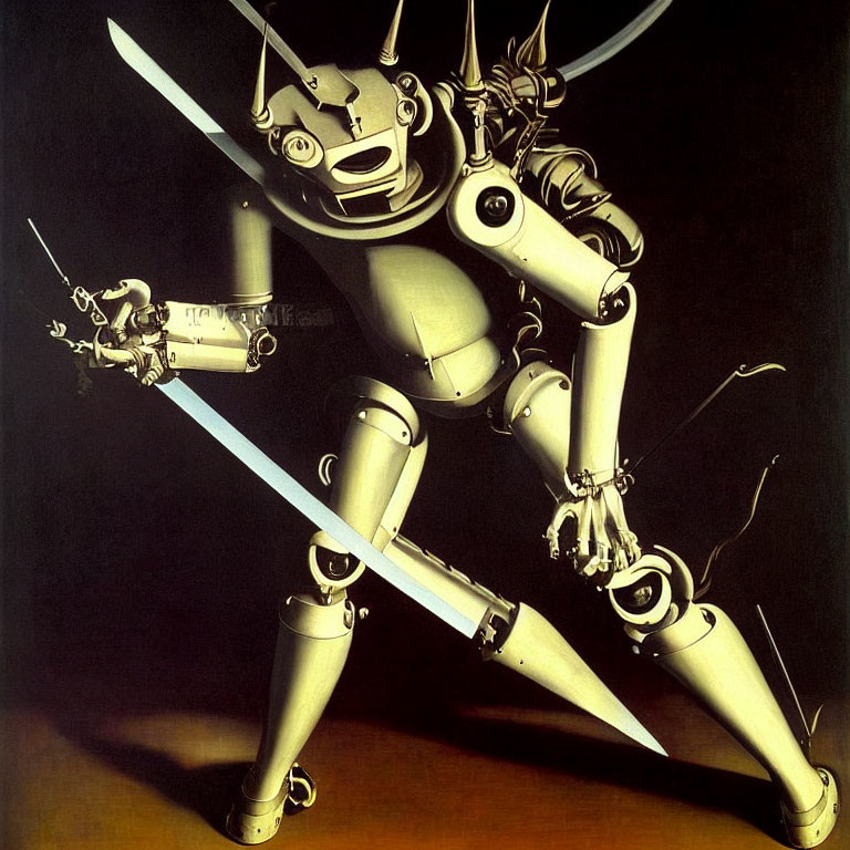 Detailed humanoid robot wielding two swords in dynamic pose against dark background