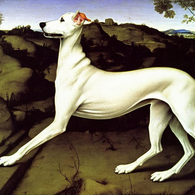 White slender dog with pointed ears in classic pose on grassy landscape.