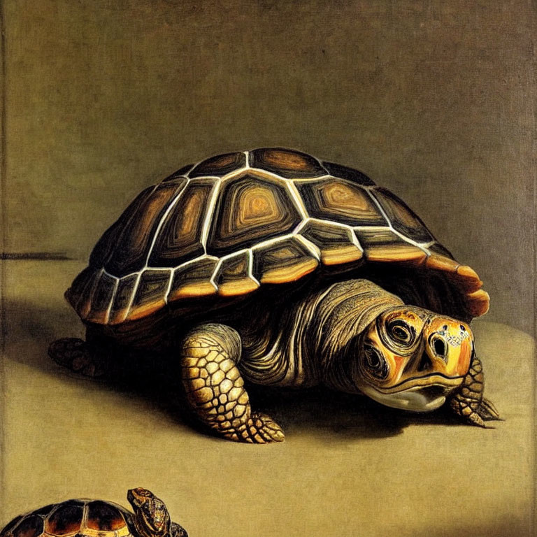 Realistic painting of two tortoises with detailed patterns on shells.