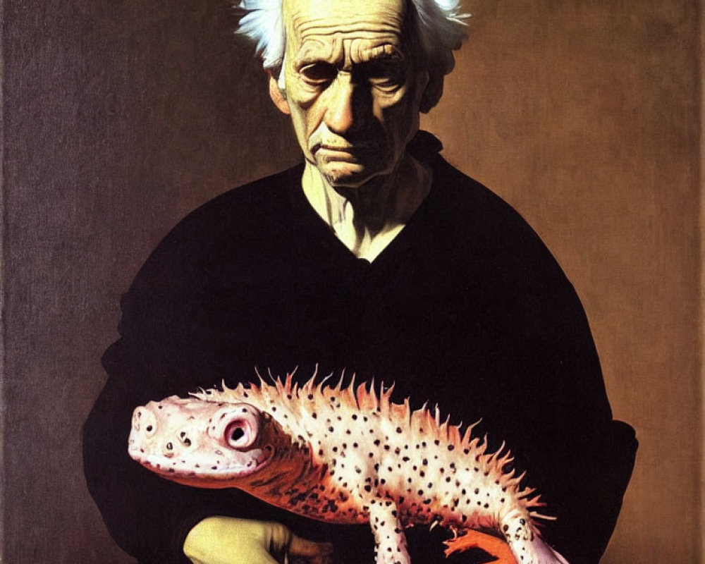 Elderly man holding colorful iguana against dark background