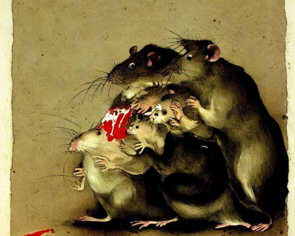 Four rats in illustration, one with bleeding head injury, others concerned or frightened