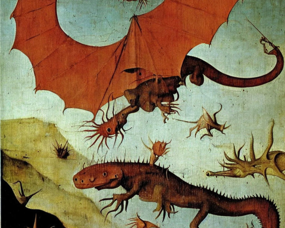 Medieval Illustration of Dragon and Mythical Creatures in Barren Landscape