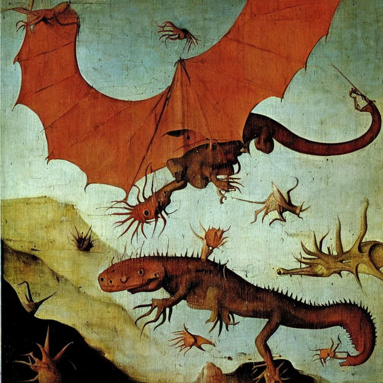 Medieval Illustration of Dragon and Mythical Creatures in Barren Landscape