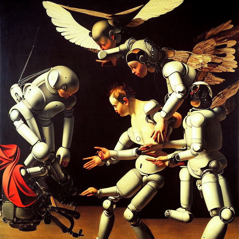 Humanoid robots with one wearing wings surround central figure