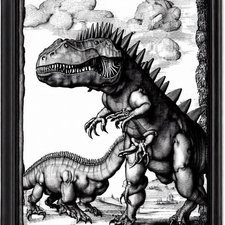 Detailed Etching Style Illustration of Two Large Dinosaurs in Prehistoric Setting