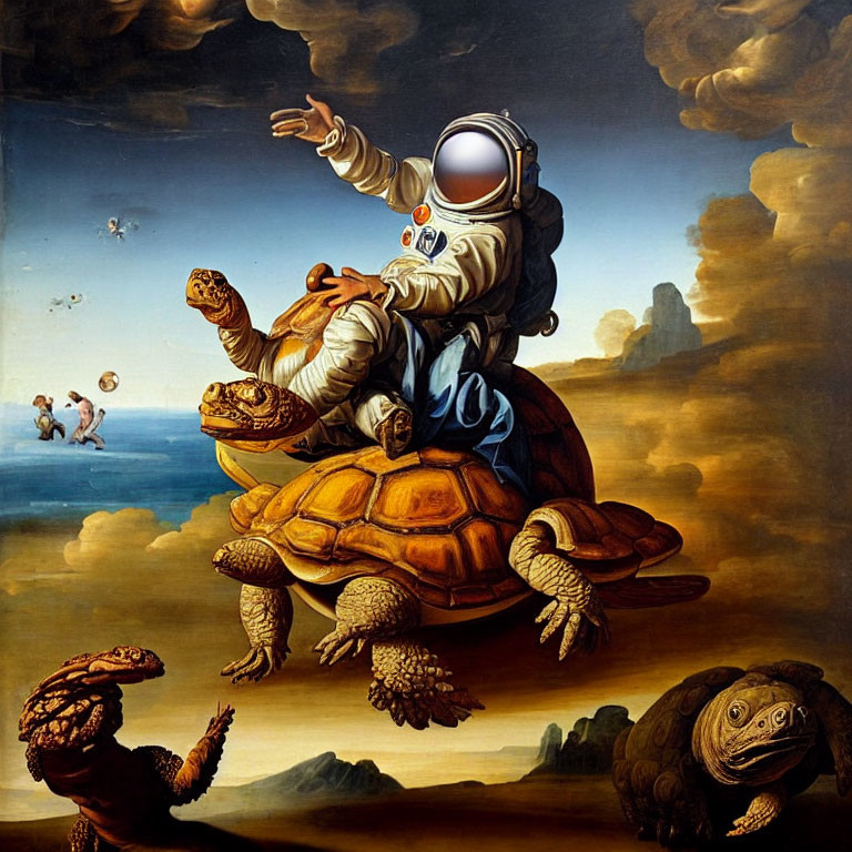 Astronaut on flying turtle collects coins in classical baroque scene