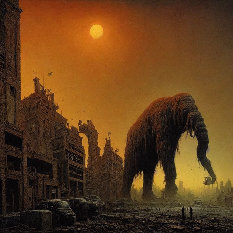 Apocalyptic cityscape with massive shaggy creature and orange sky.