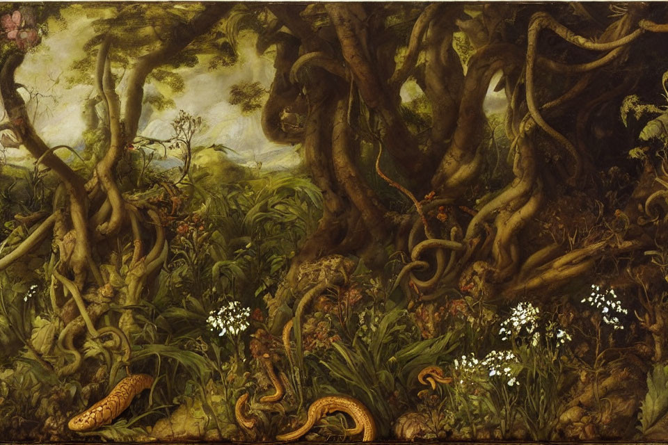 Intertwined trees and serpents in dense forest setting