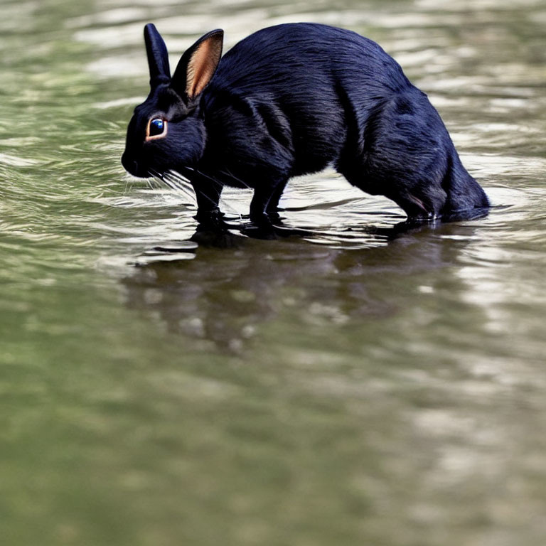 Black Rabbit with Glossy Fur Standing in Shallow Water