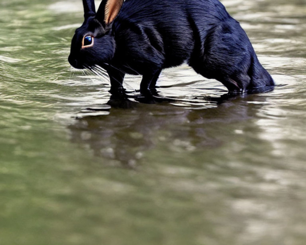 Black Rabbit with Glossy Fur Standing in Shallow Water