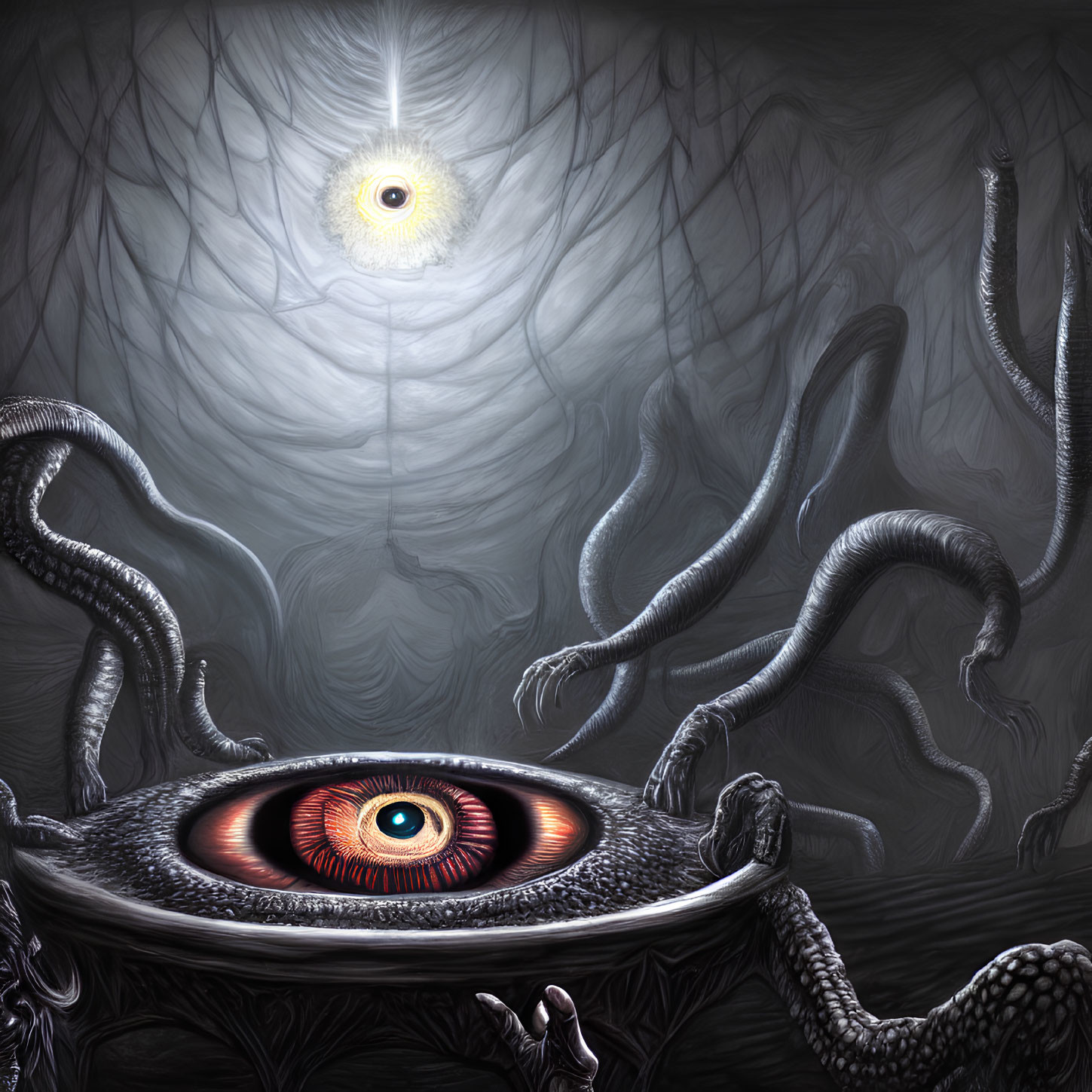 Surreal artwork with giant eye, tentacles, floating eye, and twisted branches