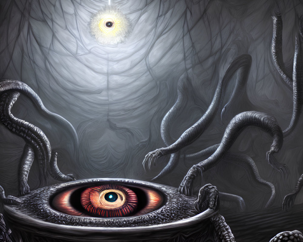 Surreal artwork with giant eye, tentacles, floating eye, and twisted branches