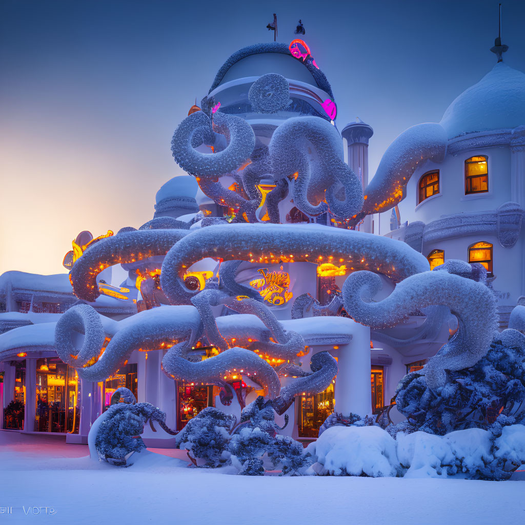 Ornate snow-covered building with octopus tentacles and warm lights