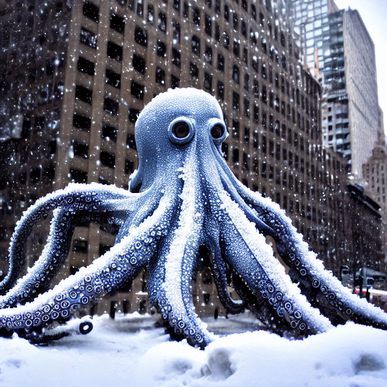 Blue octopus overlaid on snowy cityscape: surreal urban winter scene