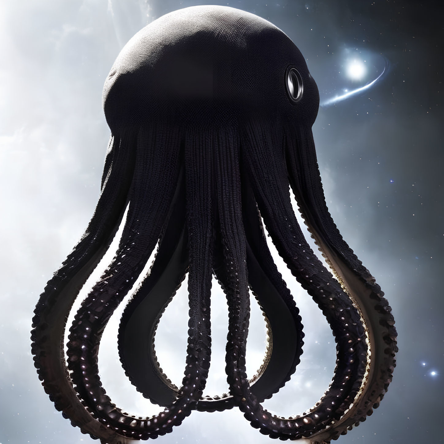 Detailed Black Octopus in Cosmic Setting with Planet and Moon