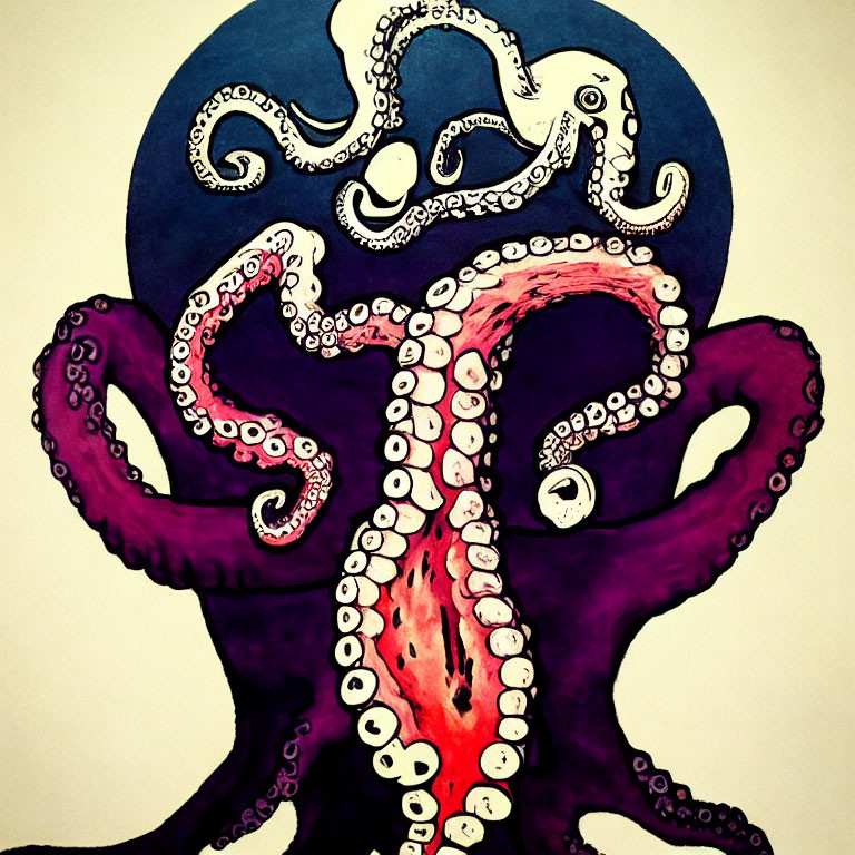 Detailed Octopus Illustration with Swirling Tentacles on Dark Blue Background