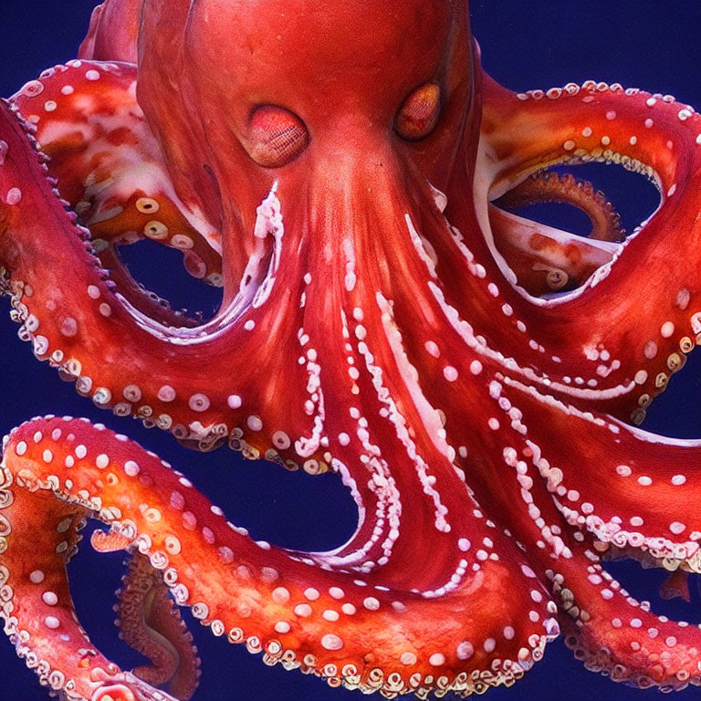 Colorful Red Octopus with White Suction Cups on Blue Background