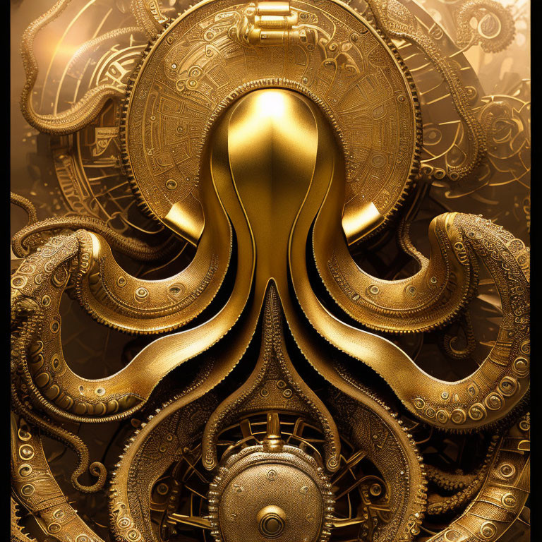 Golden Steampunk Octopus with Gear Details on Mechanical Background