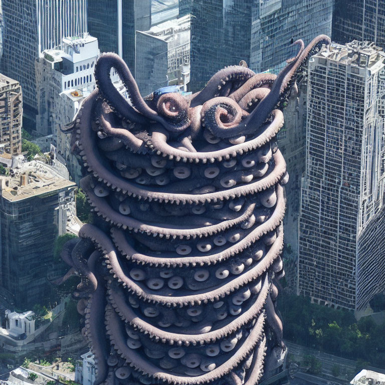 Skyscraper engulfed by massive octopus tentacles in cityscape