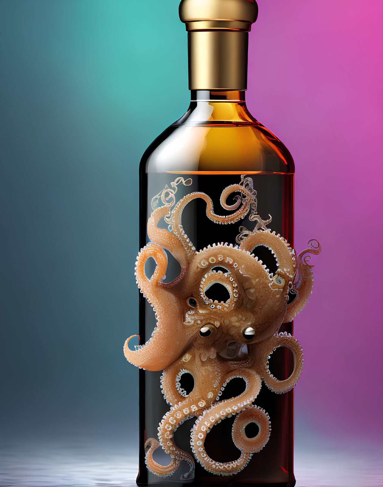 Realistic Octopus Design on Liquor Bottle Against Pink and Teal Background